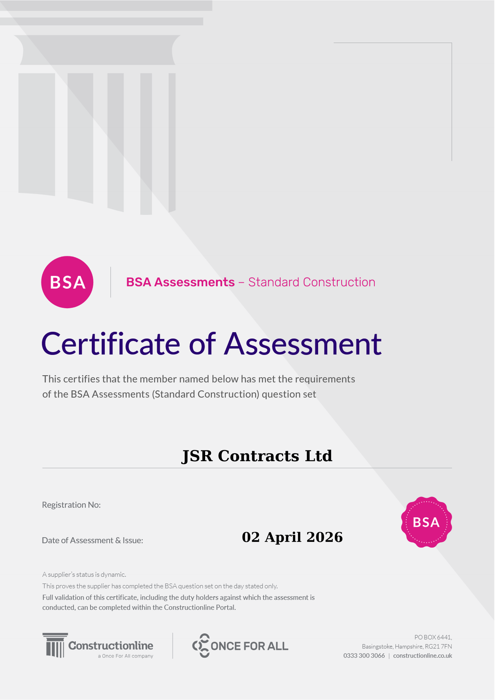 BSA Assessments Standard Construction Certificate of Assessment for JSR Contracts Ltd