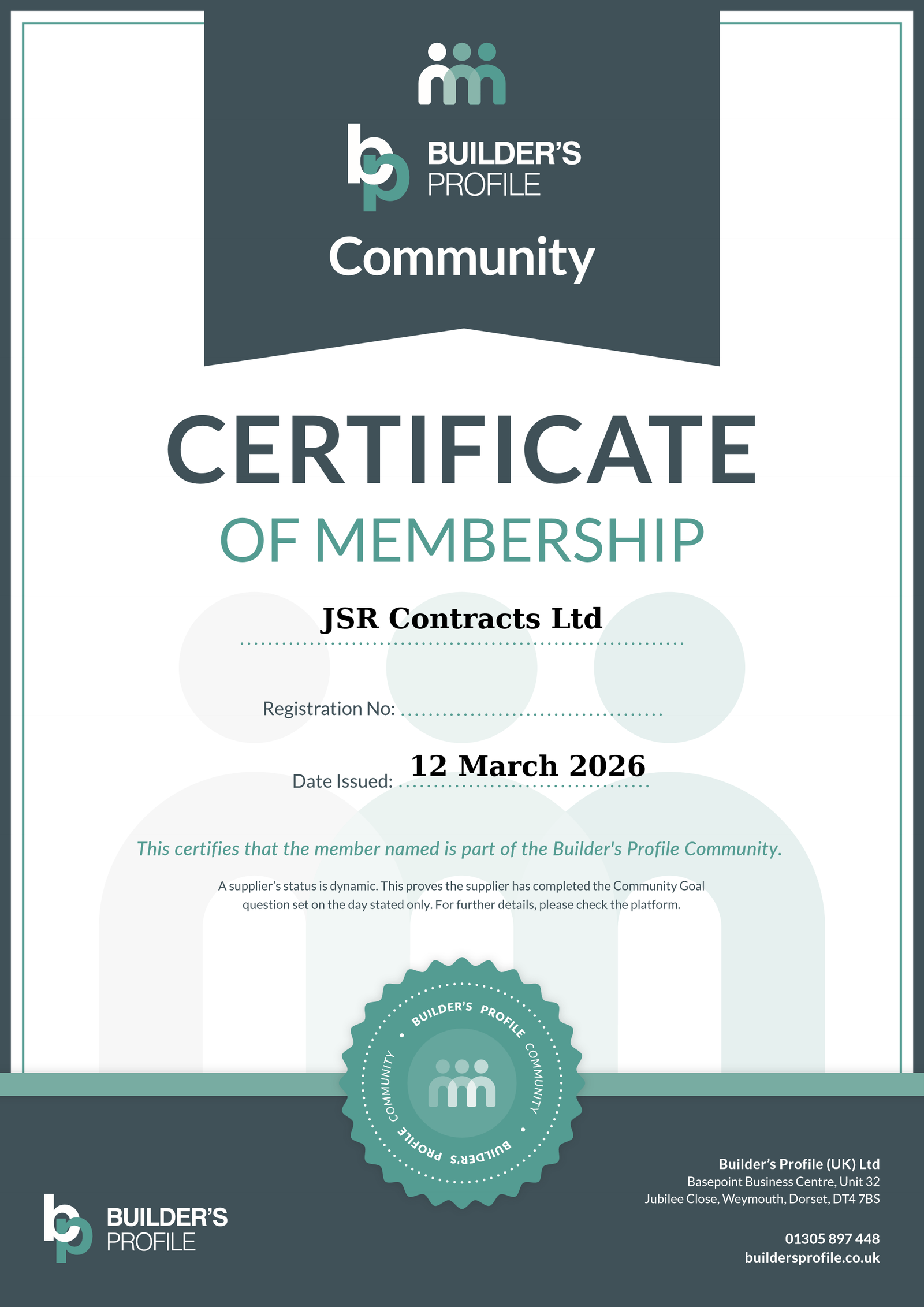 Builder's Profile Certificate of Membership for JSR Contracts Ltd