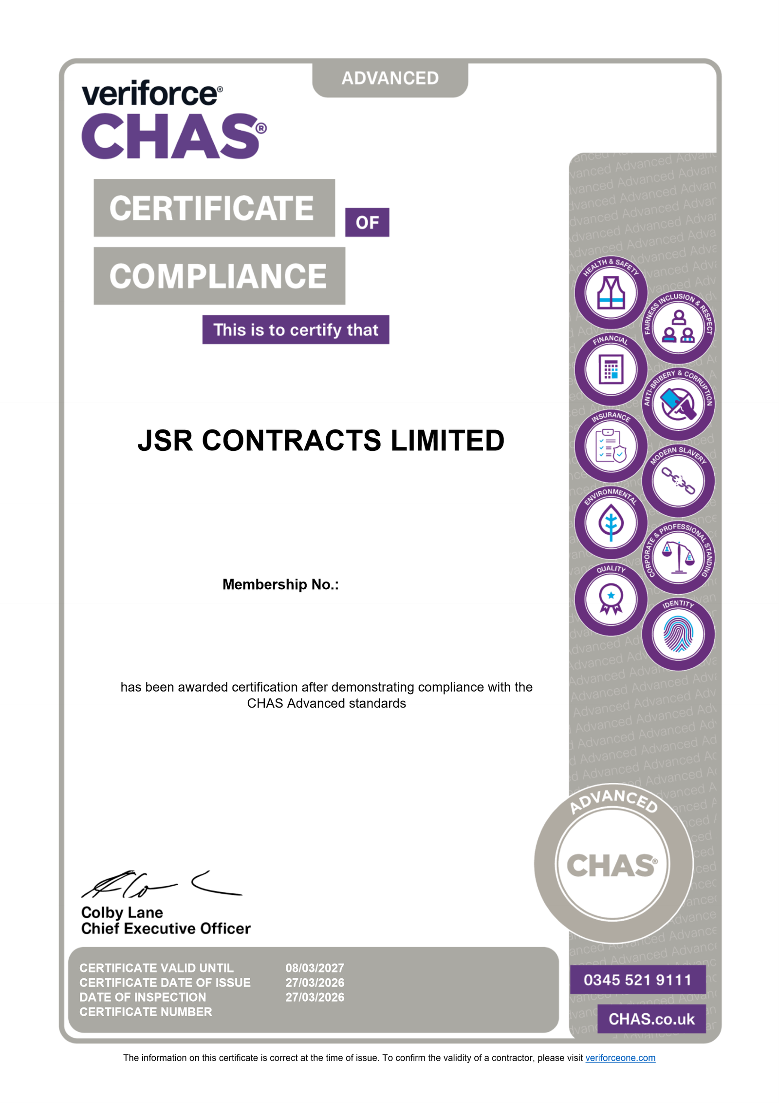 CHAS Advanced Certificate of Compliance for JSR Contracts Limited