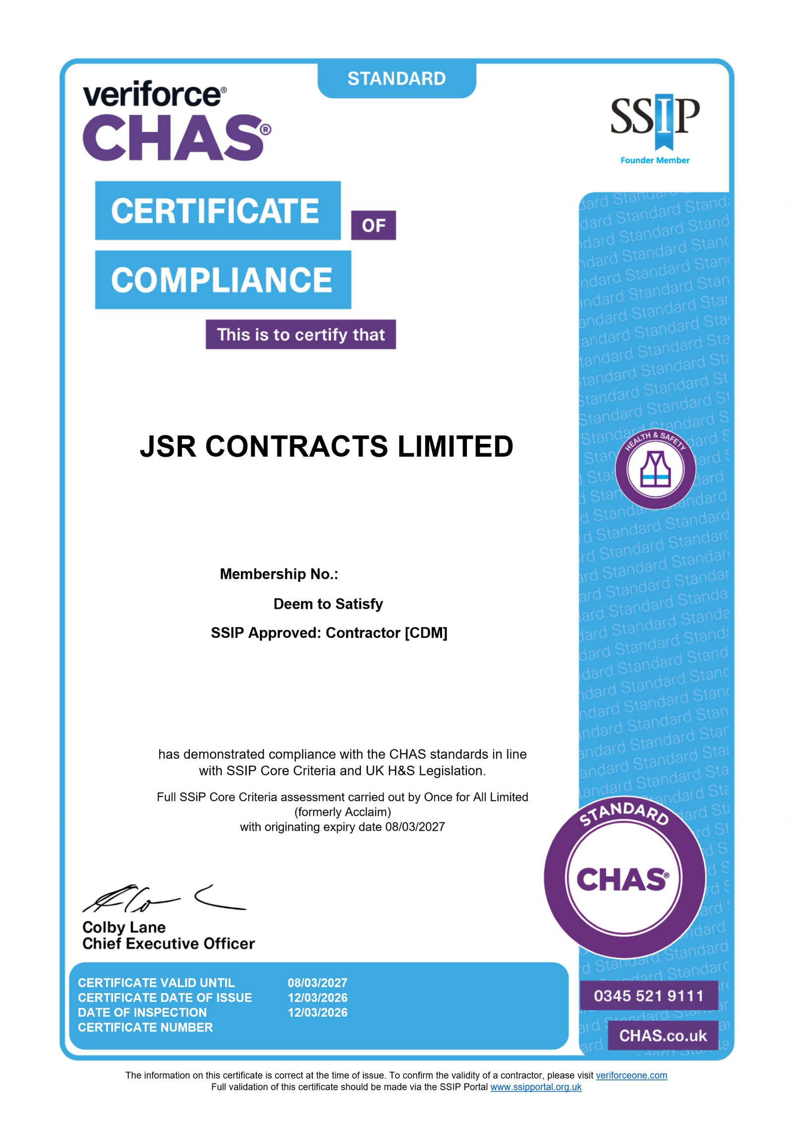 CHAS Standard Certificate of Compliance for JSR Contracts Limited