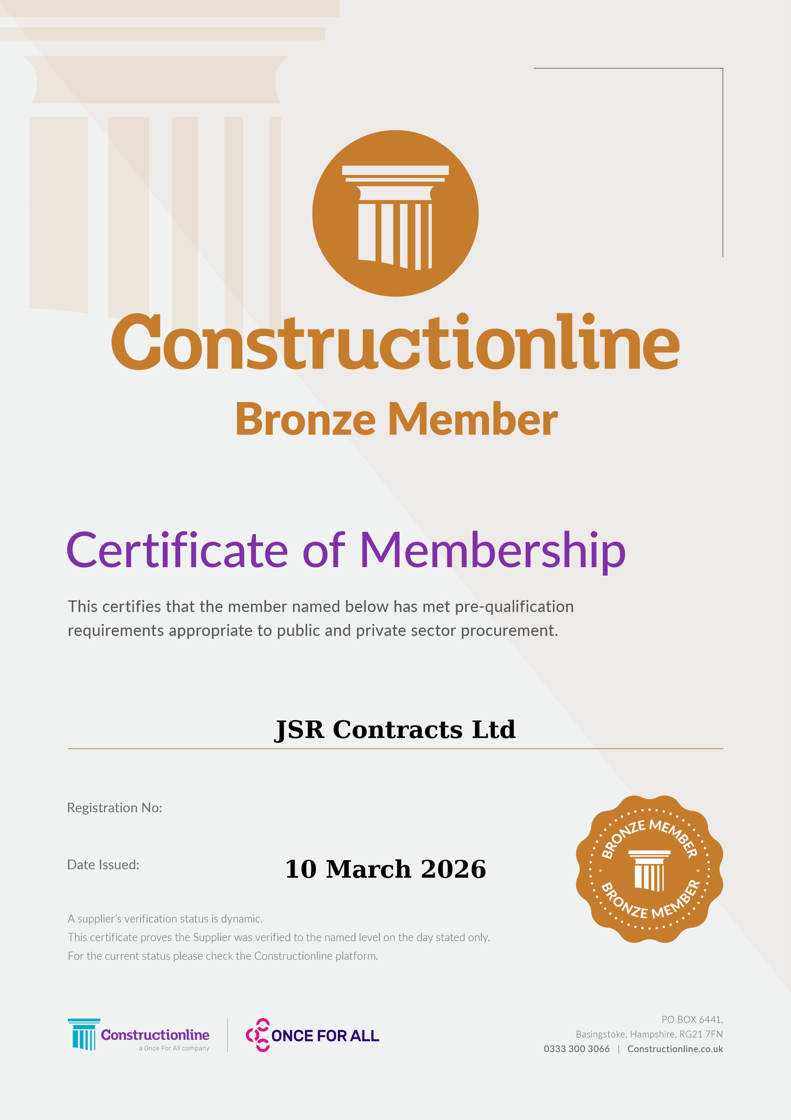 Constructionline Bronze Member Certificate of Membership for JSR Contracts Ltd