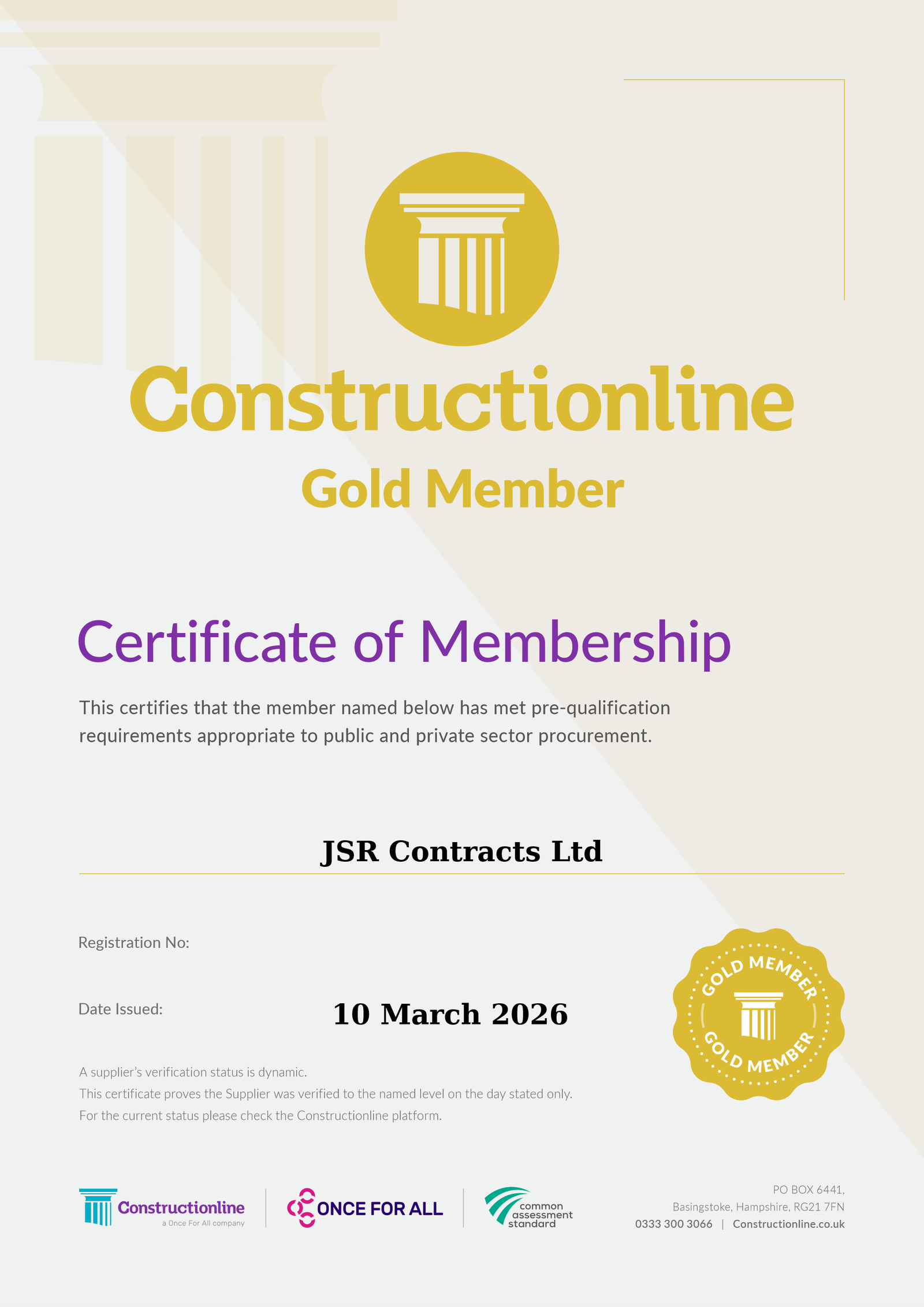 Constructionline Gold Member Certificate of Membership for JSR Contracts Ltd