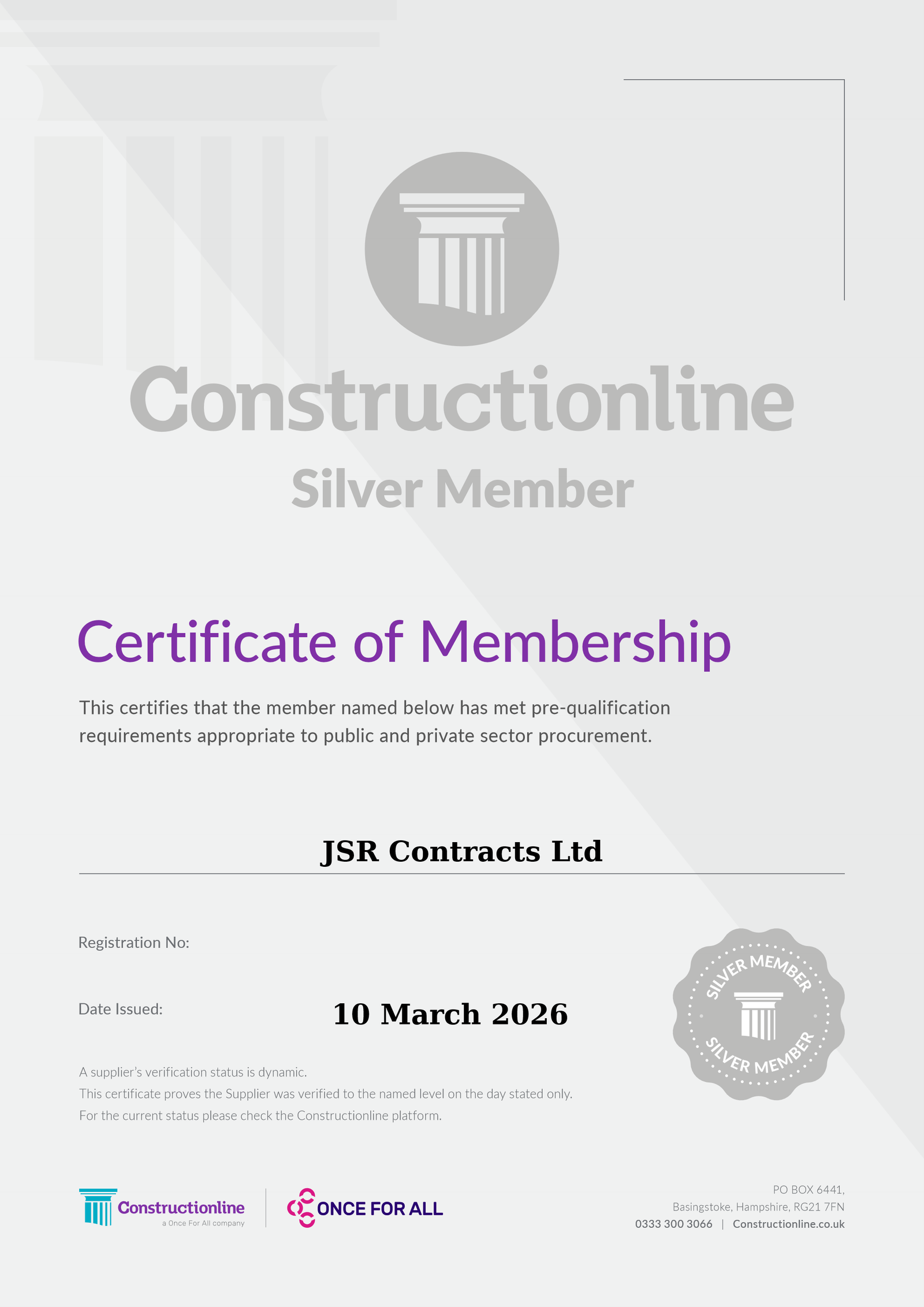 Constructionline Silver Member Certificate of Membership for JSR Contracts Ltd