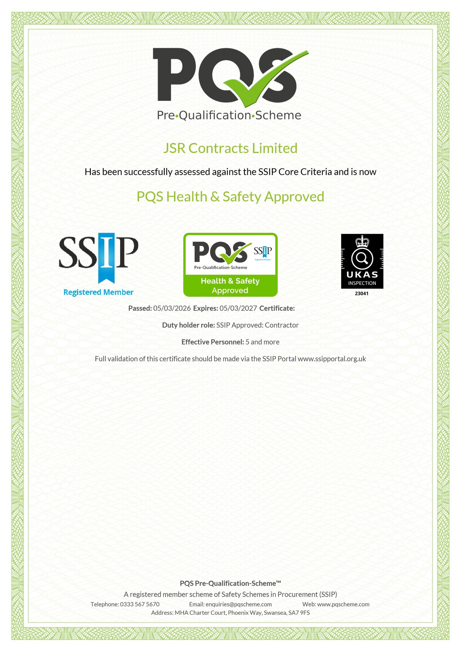 PQS Health and Safety Approved certificate for JSR Contracts Limited