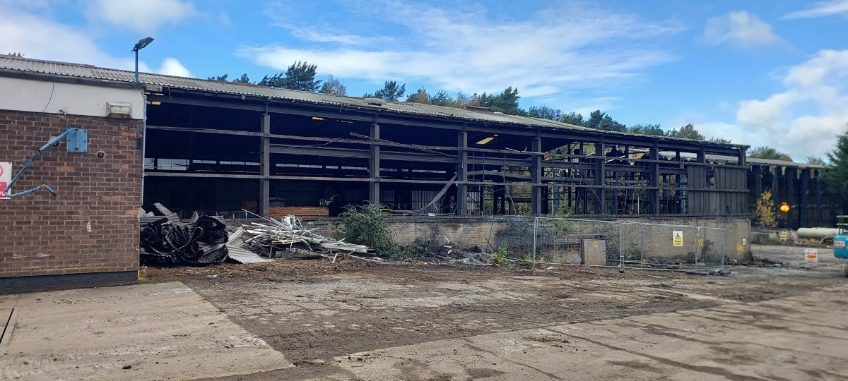 Cleared structural frame at the Farmlands Ltd site