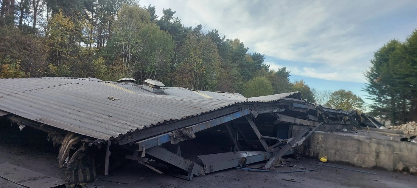 Collapsed structure ahead of clearance at the Farmlands Ltd site
