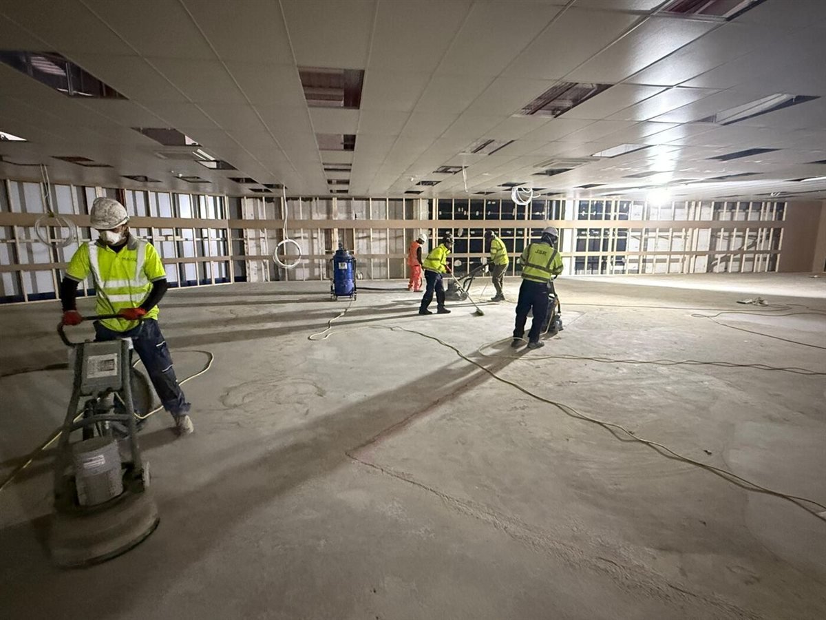 JSR Contracts Limited team carrying out floor grinding works at Kingsgate Shopping Centre