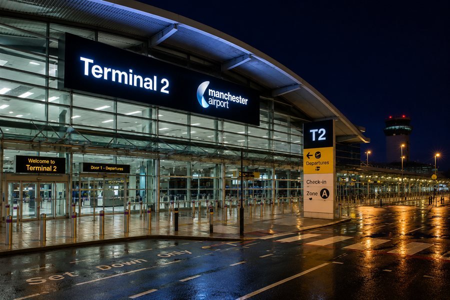 Manchester Airport Terminal 2 exterior at night